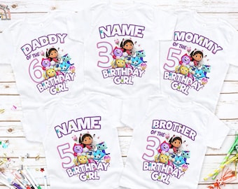 Benutzerdefiniertes Puppenhaus Geburtstags-Shirt, Puppenhaus-Geburtstags-Party-Shirt, Gabbi personalisiertes T-Shirt, Familien passendes T-Shirt, Puppenhaus 3