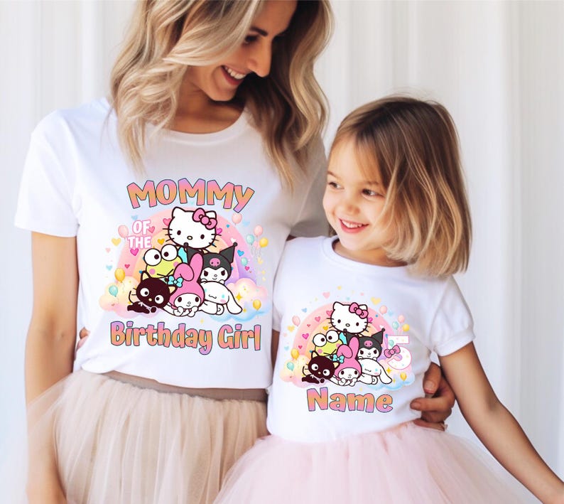 May include: White t-shirts with a colorful graphic featuring cartoon characters, a rainbow, and the text "Mommy of the Birthday Girl" and "Name". The daughter's shirt has the number "5".