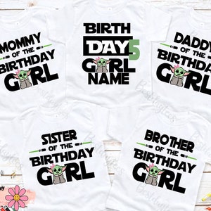 May include: Set of five white t-shirts with black and green text and a cartoon character. The shirts say "Mommy of the Birthday Girl", "Birthday Girl Name", "Daddy of the Birthday Girl", "Sister of the Birthday Girl", and "Brother of the Birthday Girl".