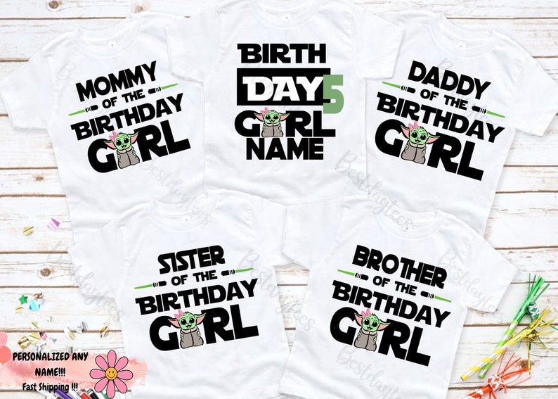 May include: Set of five white t-shirts with black and green text and a cartoon character. The shirts say "Mommy of the Birthday Girl", "Birthday Girl Name", "Daddy of the Birthday Girl", "Sister of the Birthday Girl", and "Brother of the Birthday Girl".