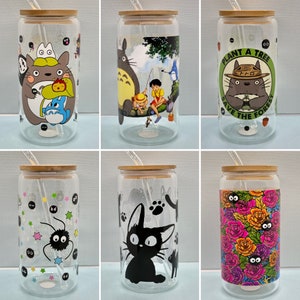 Studio Ghibli Totoro Soot Sprites Jiji 16 oz Glass Tumbler - Libbey Glass Cup - Iced Coffee Glass - Cocktail Glass - Handmade Gif