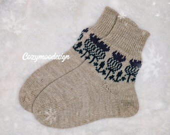 Handmade Merino Wool Socks, Thistle Design, Women's Bed Socks