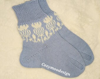 Handmade Wool Socks, Thistle Design, Women's Bed Socks
