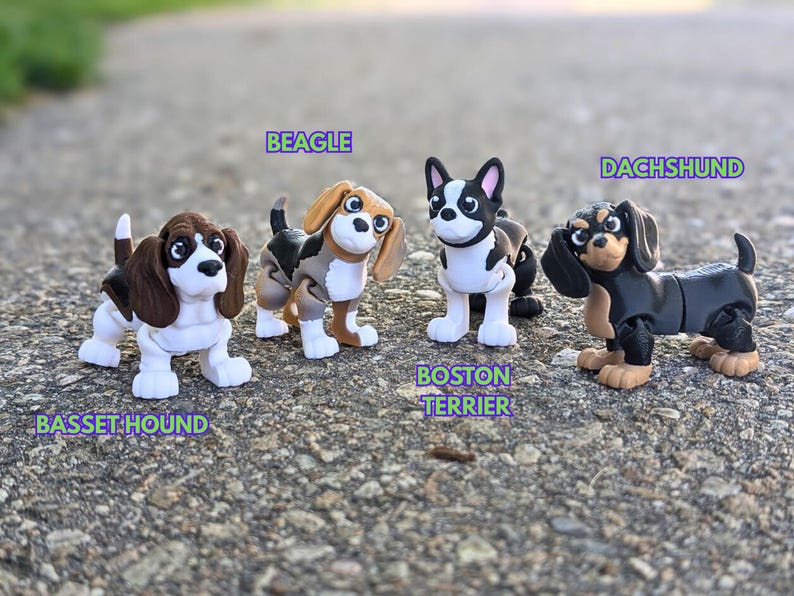 Może przedstawiać: Pięć figurek ps&oacute;w zabawek, każda przedstawiająca inną rasę. Psy stoją na szarej powierzchni. Rasy są oznaczone: Beagle, Boston Terrier,  Dachshund, Basset Hound.