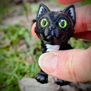 以下が含まれることがあります： 鮮やかな緑色の目と白い襟が付いた、黒い3Dプリントの猫の置物。 猫は、白いアクセントが付いた尖った耳など、詳細な特徴を持っています。 置物は、ぼやけた緑色の背景に対して、人の手で持たれています。