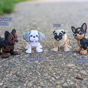 Może przedstawiać: Cztery małe plastikowe zabawki w kształcie ps&oacute;w, każda z innej rasy: Yorkshire Terrier, Shih Tzu, Mops i Chihuahua. Psy stoją na szarej i brązowej powierzchni.
