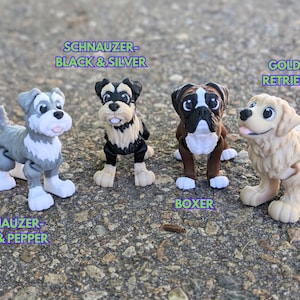 Może przedstawiać: Cztery figurki ps&oacute;w zabawek, w tym sznaucer czarny i srebrny, sznaucer s&oacute;l i pieprz, bokser i golden retriever. Figurki stoją na szarej powierzchni żwirowej.