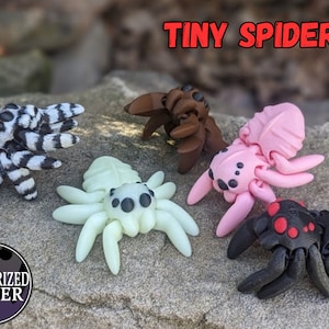 May include: A collection of five miniature spider figurines in various colors, including black, pink, brown, white, and a black and white striped design. The text "TINY SPIDERS" is displayed above the figurines. An "AUTHORIZED SELLER" logo is in the lower left corner.