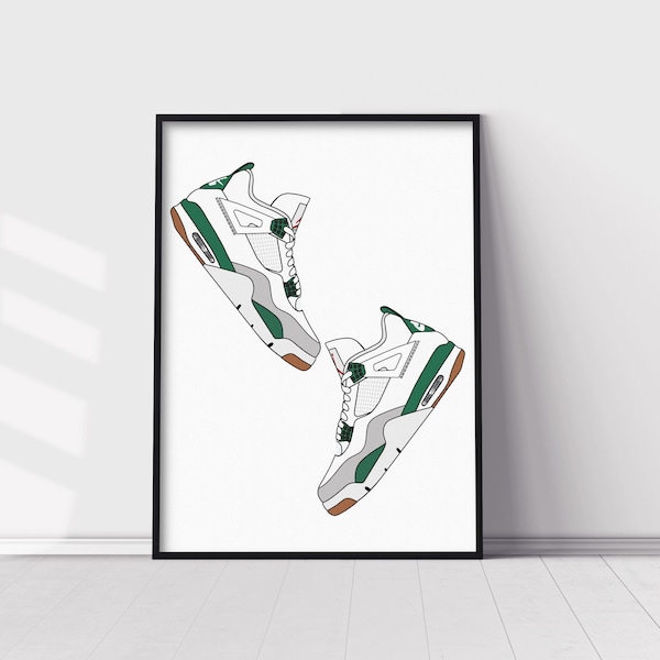 Poster di sneaker Air Jordan 4 Retro SB Pine Green, download digitale stampabile Wall Art