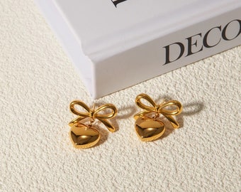 Bow Heart Earrings || Dainty Drop Earrings ||Stainless Steel || Waterproof Earrings || Gold Bow Earrings
