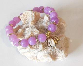 Bracelet élastique Perles naturelles Kunzite breloque fleur dorée/ Femme /Offrir/Délicat/Raffiné /Anniversaire