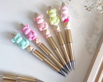 Gold beaded pens DIY Customizable Teddy Bear •Silicone and wood beads •Birthday •Friendship •Handmade •Made with LOVE