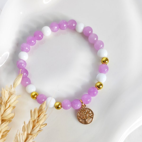 Women's stone bracelet - natural Kunzite & Chalcedony beads - Tree of life charm - Artisanal - Gift for her - Delicate - Refined