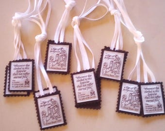 Brown scapulars with white cord, set of 6. 100% wool Catholic devotional