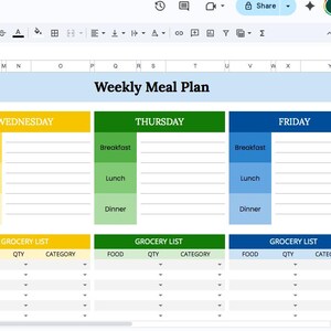 Puede incluir: Una hoja de cálculo digital de planificación semanal de comidas con una lista de compras. El plan se divide en días de la semana, con secciones para el desayuno, el almuerzo y la cena. La lista incluye alimentos, cantidades y categorías.