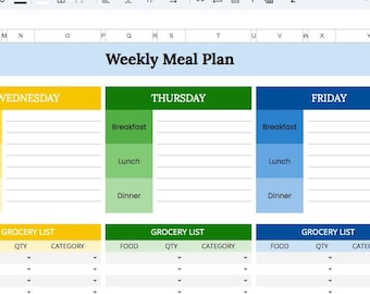 Meal Planner Google Sheets | Digital Meal Planning Spreadsheet | Weekly Menu & Grocery List Template