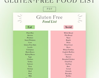 Glutenfreie Lebensmittelliste | Druckbare Einkaufsliste für Gluten-freie Diät | Glutenfreie Einkaufsliste | Zöliakie Lebensmittel Ratgeber | Glutenunverträglichkeit PDF