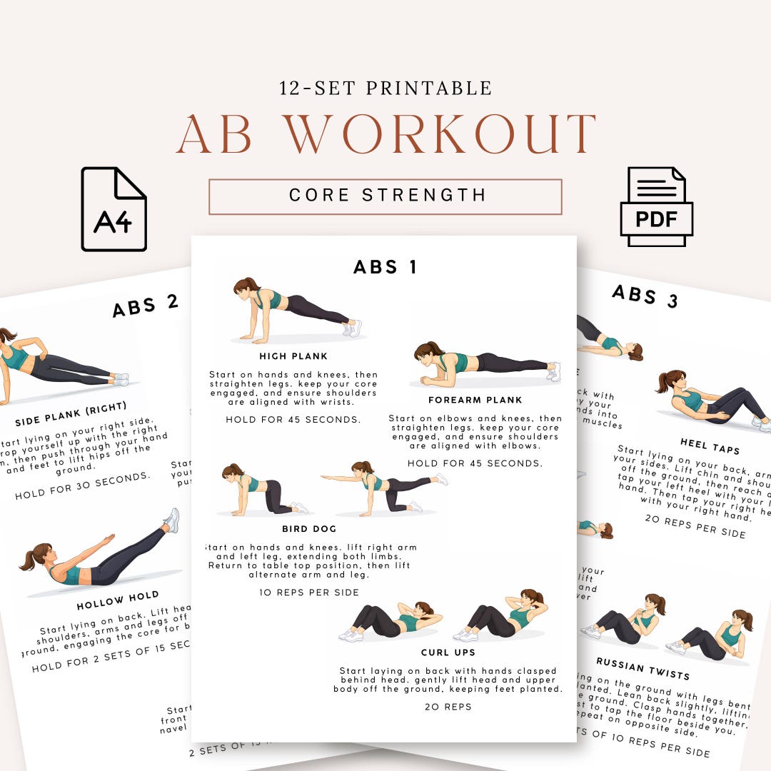 Ab Workout | 12 Ab Exercises | Printable 8.5 X 11 in Exercise Sheet ...