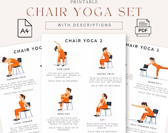 Chair Yoga Printable | Chair Yoga Exercise Chart with Descriptions | Printable Chair Yoga Exercises | A4 Size PDF