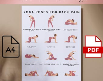 Yoga for Back Pain Guide | 12 Illustrations of Yoga Poses for Lower Back Relief | Printable Yoga Chart PDF 8.5x11 | Digital Download