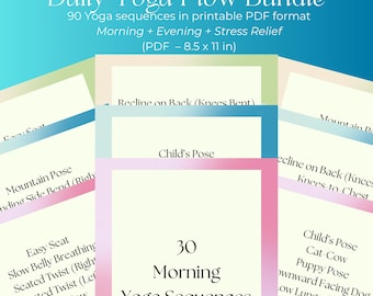 Daily Yoga Flow Bundle PDF 8.5x11 | Morning Evening Stress Relief Yoga Sequences | 90 Printable Yoga Flows | Home Yoga Pack