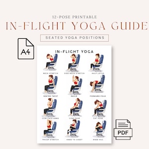 May include: A printable A4-sized guide for in-flight yoga, featuring 12 seated yoga poses. The guide includes illustrations of poses like Neck Stretch, Half Lotus, and Knee Hug, with the text "IN-FLIGHT YOGA GUIDE".