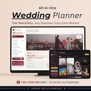 May include: A digital wedding planner interface displayed on a computer monitor and a tablet. The screen shows text including All-in-One Wedding Planner, Plan Beautifully, Stay Organized, Enjoy Every Moment, and FREE DEMO INCLUDED.