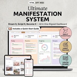 Manifestation Planner HTML Web App, Digital Planner, Vision Board, Affirmations, Habit Tracker, Goal Planner, Daily Routine