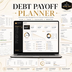 May include: A digital debt payoff planner displayed on a laptop screen, featuring an interactive dashboard with financial charts, payment calendars, and debt management tools. The interface includes text labels like Debt Payoff Planner, Snowball Method, and Avalanche Method, with a clean, professional layout for tracking balances, payments, and progress toward becoming debt-free.