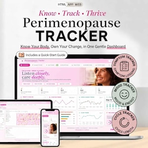 May include: A digital Perimenopause Tracker dashboard displayed on a laptop, tablet, and smartphone. The interface features pink and white color schemes with charts, symptom logging, mood tracking, and cycle monitoring tools. Text includes Know, Track, Thrive, Perimenopause Tracker, and Know Your Body, Own Your Change, in One Gentle Dashboard.