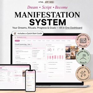 Aplicación web HTML para planificar la manifestación, planificador digital, tablero de visión, afirmaciones, registro de hábitos, planificador de objetivos, rutina diaria.
