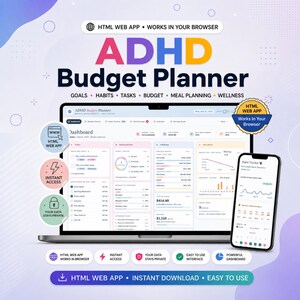 ADHD Life and Budget Planner Web App | All In One Money Habit and Task Dashboard for Browser | Instant Download Digital Organizer