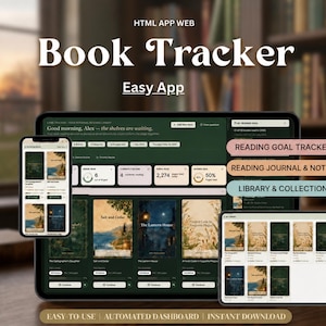 May include: A digital book tracker app displayed on a tablet, smartphone, and smaller tablet screen. The interface features a dark green dashboard with book covers, reading progress bars, and text including "Book Tracker," "Reading Goal Tracker," and "Library & Collection."