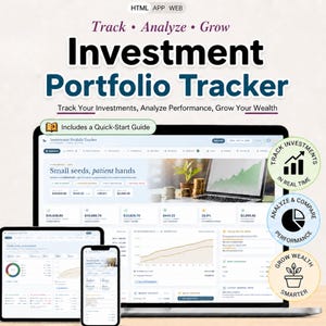 Op de afbeelding: Een beleggingsportefeuille-tracker weergegeven op een laptop, tablet en smartphone. Het scherm toont financiële gegevens, grafieken en de tekst Investment Portfolio Tracker. Drie ronde badges benadrukken functies voor volgen, analyseren en vermogensgroei.