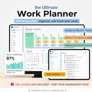 Work Planner App, Digital Task Manager for Projects, Meetings, Goals and Hours