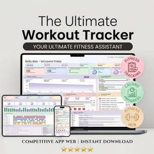 Könnte beinhalten: Ein digitaler Workout-Tracker auf einem Laptop, Tablet und Smartphone. Die Benutzeroberfläche zeigt Fitnessdaten, Diagramme und den Text The Ultimate Workout Tracker. Drei kreisförmige Symbole enthalten den Text Fitness Tracking, Calorie Progress und Fitness Hub.