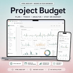 Puede incluir: Un ordenador portátil y un teléfono inteligente que muestran una aplicación web de presupuesto de proyectos con paneles de análisis, gráficos de líneas, barras y un gráfico circular. La interfaz incluye el texto Project Budget y Plan, Track.