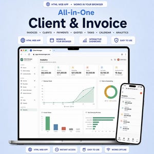 Klienthanterare HTML-webbapp: CRM för småföretag, fakturering och betalningsspårningsverktyg