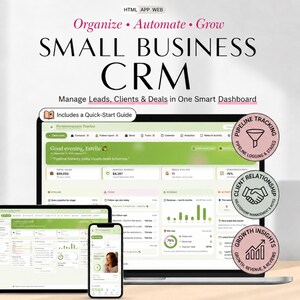 Può includere: Un dashboard CRM per piccole imprese visualizzato su un portatile, un tablet e uno smartphone. L'interfaccia presenta tonalità verdi e bianche con il testo Organize, Automate, Grow e Manage Leads, Clients & Deals in One Smart Dashboard.