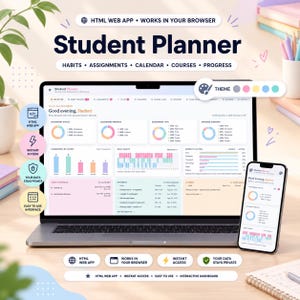 Op de afbeelding: Een digitale studentenplanner web-app weergegeven op een laptop- en smartphonescherm. De interface bevat een dashboard met opdrachtenstatussen, prioriteitsgrafieken, dagelijkse gewoonte-trackers en cursusschema's.