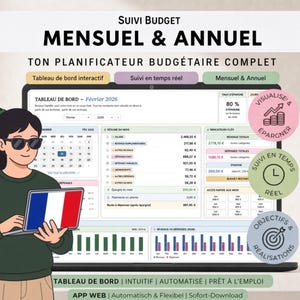 Könnte beinhalten: Ein digitaler Budgetplaner auf einem Laptop-Bildschirm mit einem monatlichen und jährlichen Dashboard, Finanzdiagrammen, Kalendern und Ausgabenverfolgung. Eine Illustration zeigt eine Person, die einen Laptop mit einer französischen Flagge hält.