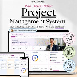 May include: A digital project management system dashboard displayed on a laptop, tablet, and smartphone. The interface features task tracking, project overviews, and team collaboration tools with text including Plan, Track, Deliver, and Project Management System.