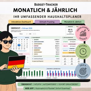 Könnte beinhalten: Ein digitaler Budget-Tracker auf einem Laptop-Bildschirm mit monatlicher und jährlicher Finanzübersicht, Ausgabendiagrammen und Sparzielen. Die Benutzeroberfläche enthält deutsche Beschriftungen wie 'Monatlich & Jährlich' und 'Übersicht'.