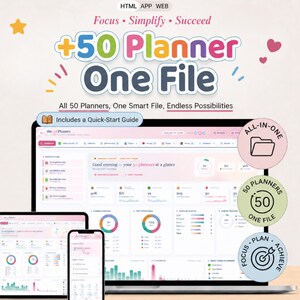 All-in-One 50 Digital Planner Bundle | HTML App | Travel, Health, Home & Work Planners | Habit Tracker, Budget Planner