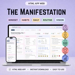May include: A laptop and smartphone displaying a digital manifestation planner interface. The screen shows sections for mindset, habits, daily routine, and vision. Five circular icons labeled time management, idea generator, focus booster, self-care reminder, and progress builder are arranged vertically on the right side.