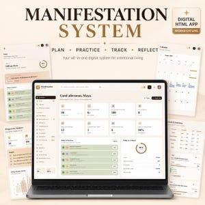 Manifestation System Digital Planner HTML App | Daily Goals, Habits Tracker, Gratitude Journal, 369 Method, Vision Board Workspace