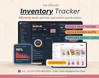 May include: A digital inventory tracker dashboard displayed on a computer monitor and tablet. The interface shows financial data, stock value, sales alerts, and product catalogs. A floating box highlights a 96% stock-outs reduction efficiency impact.