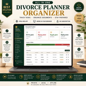 Può includere: Un organizzatore digitale per divorzi visualizzato su uno schermo di un portatile, con una dashboard di monitoraggio finanziario che include colonne per attività e passività, posizione netta totale e strumenti di gestione documenti in verde e bianco.