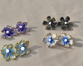 Handmade and hand painted flower earrings with freshwater pearls