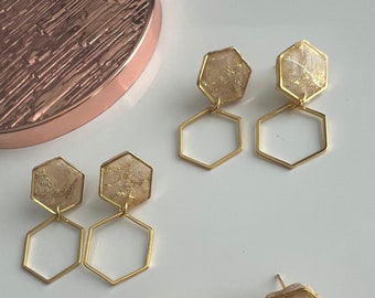 18k gold plated, marbled hexagon dangle studs